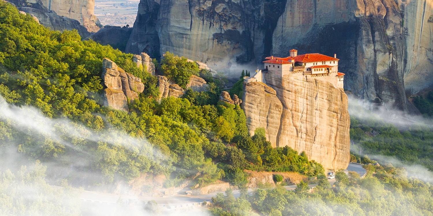 Mountain scenery with Meteora rocks and Monastery, landscape pla